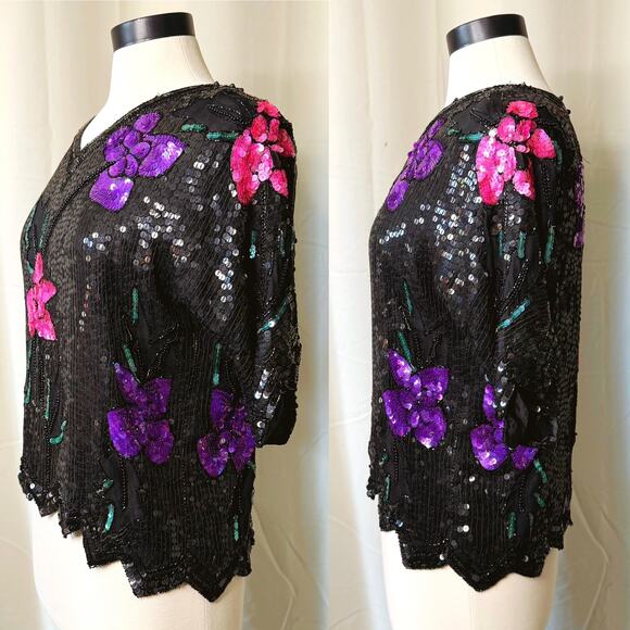 VTG 80s Petite Illustrations 100% Silk Sequin Glitter Floral Top - Picture 2 of 6